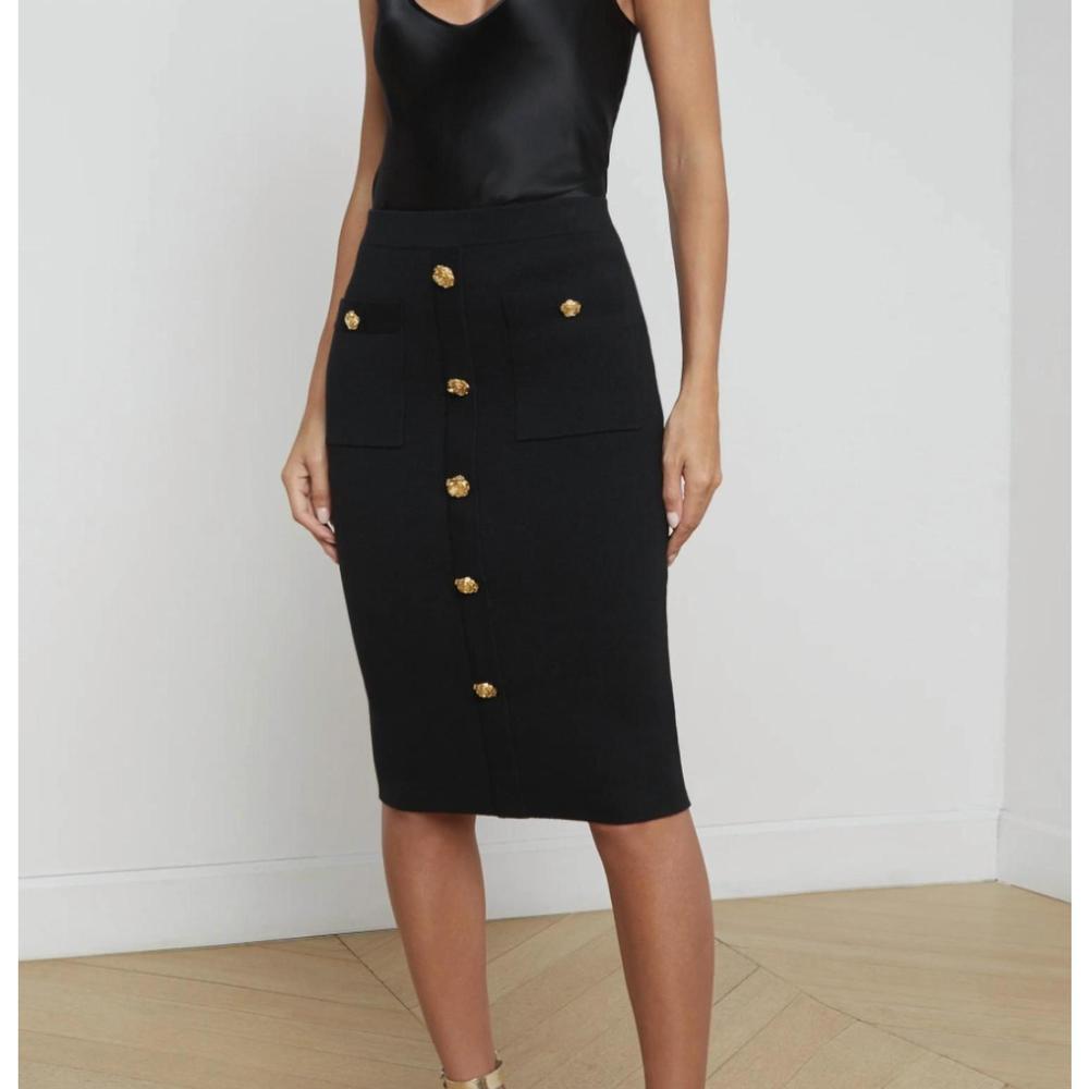 L'AGENCE Black Midi Skirt with Gold Buttons
